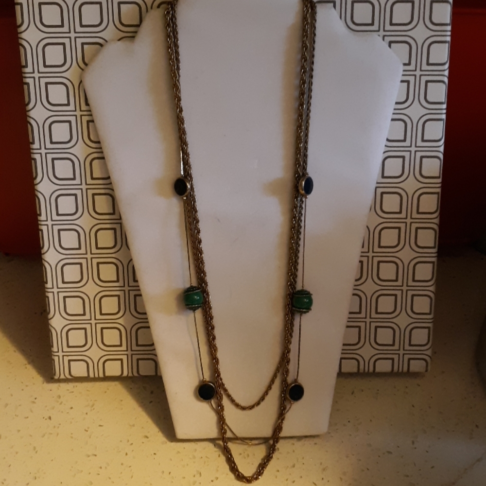 Multi strand Gold Chain with Blue & Green Beads